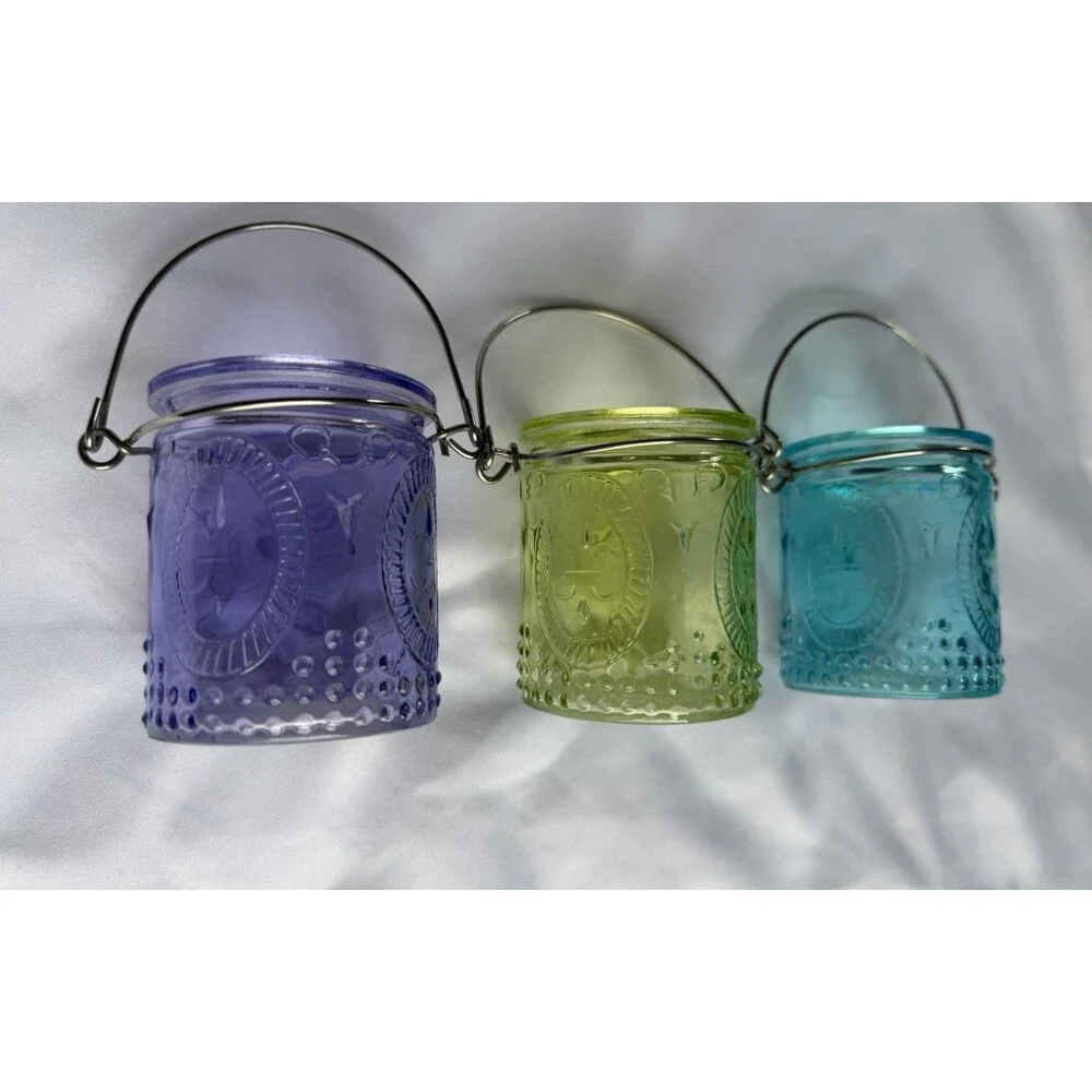Yankee Candle French Glass 3 Piece Tea light Votive Holders Purple Blue Green